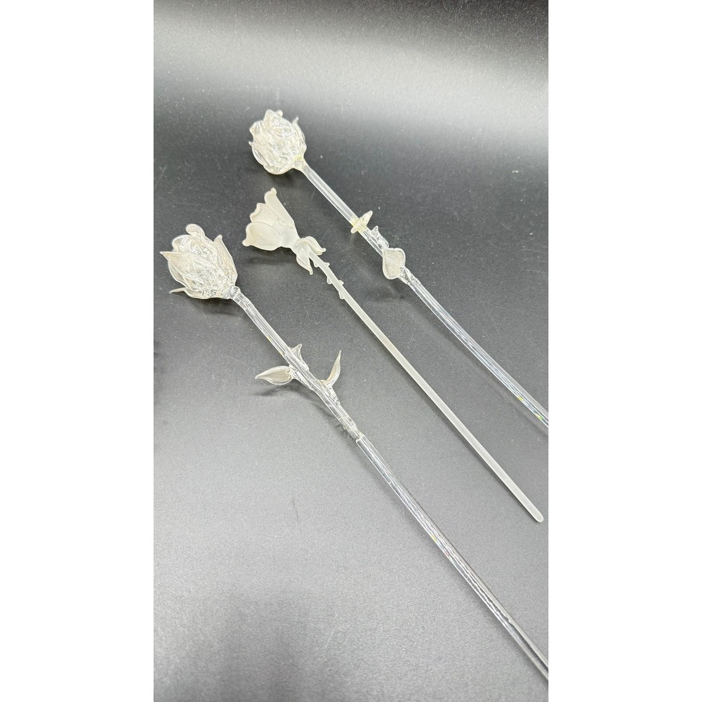 Vintage Hand Blown Glass Roses Set 3 Iridescent Frosted Long Stem Flowers Decor